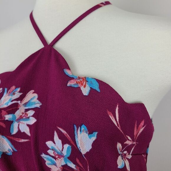 𝅺monteau Burgundy Floral Scalloped Neck Halter Dress Small - Picture 3 of 16
